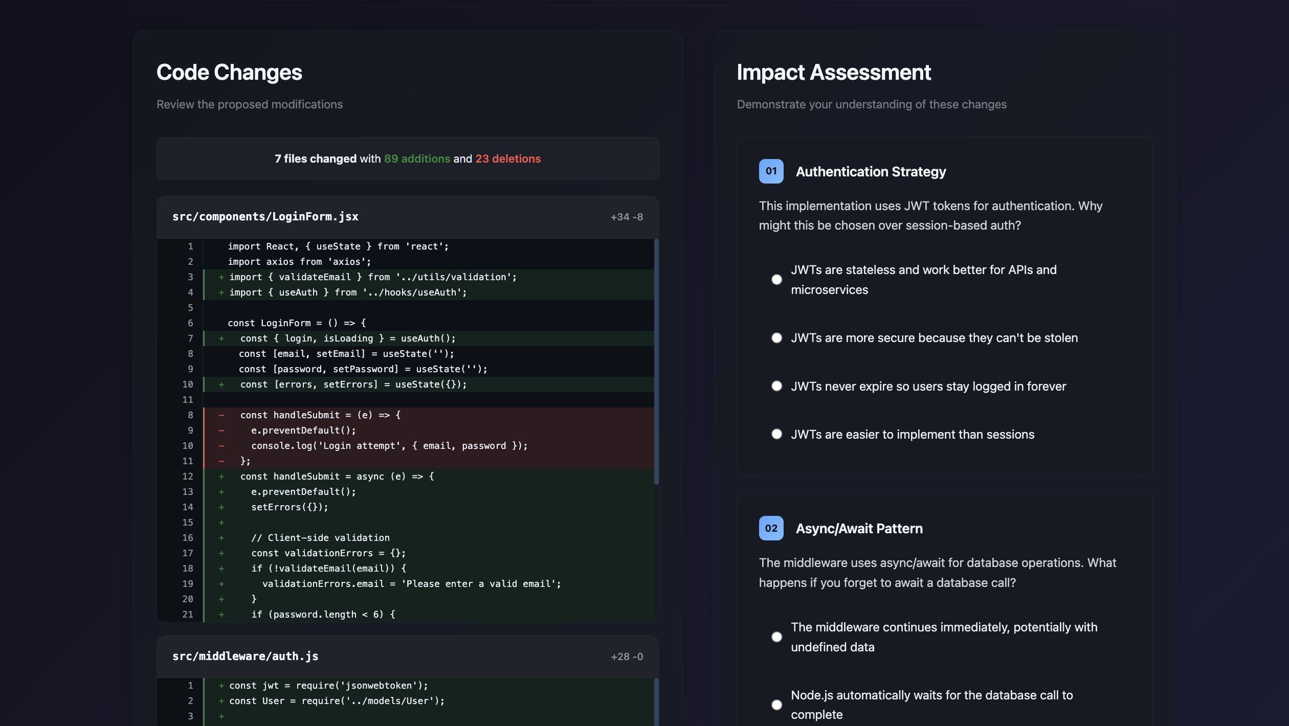 Aisance assessment interface showing code changes and impact questions